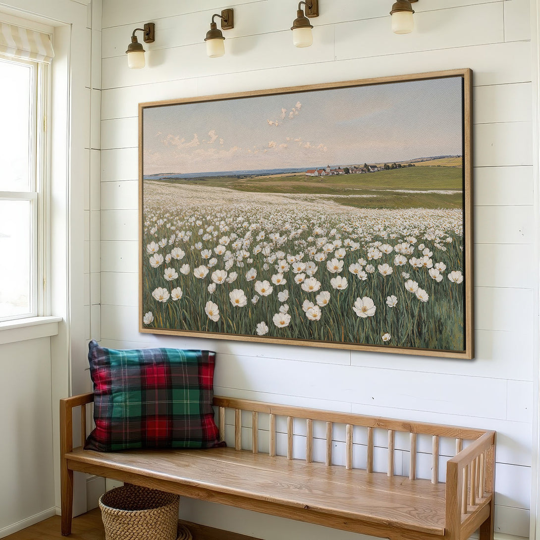 Framed Wall Art of a field of white flowers in a farmhouse style. Soft green, white, and blue color palette. Perfect for a cozy home!