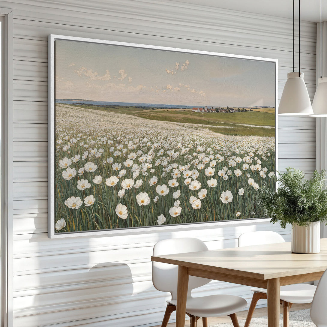 Framed Wall Art: Landscape Canvas Print featuring a field of white flowers with a soft, neutral color palette. Perfect for adding a touch of nature to your home decor.