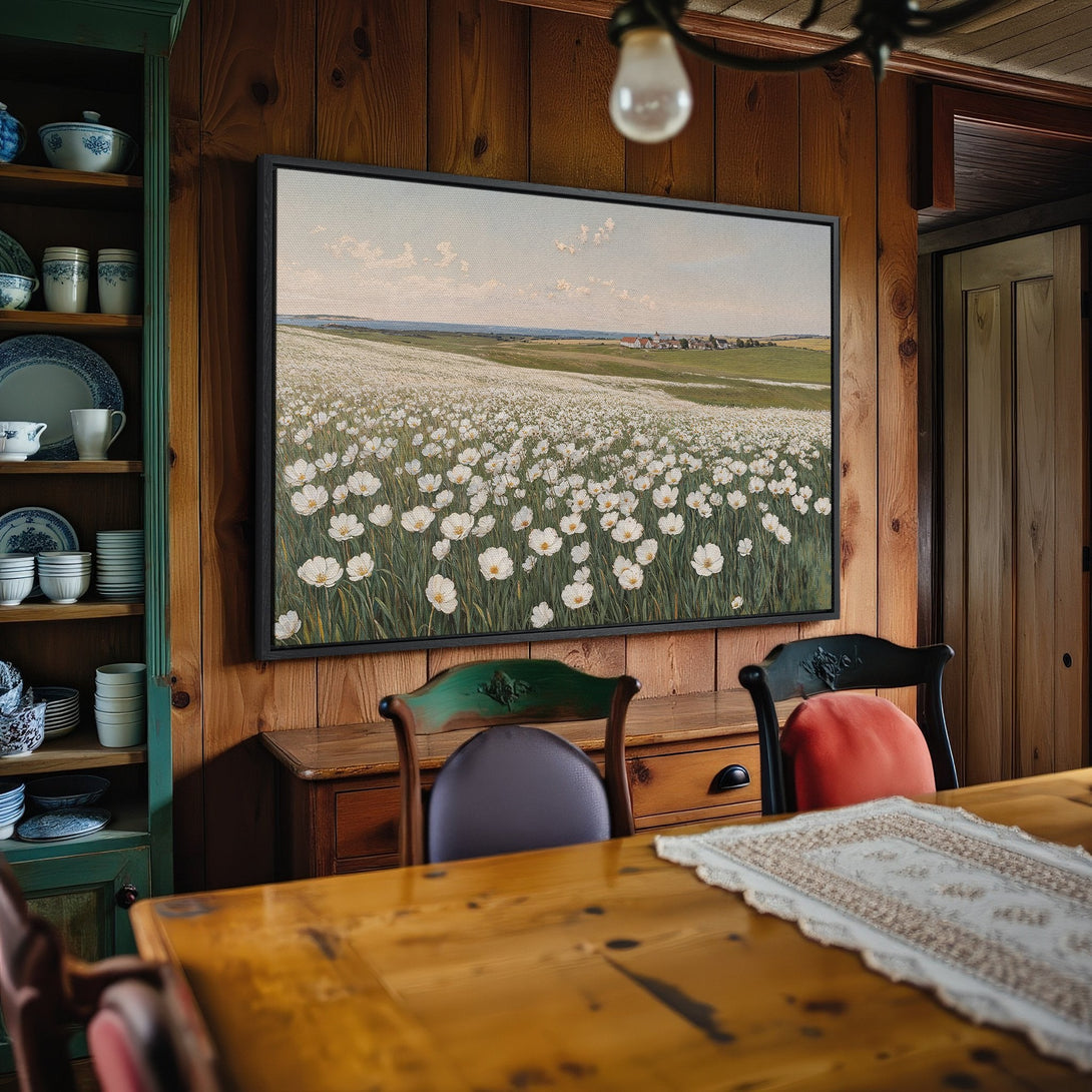 Framed Wall Art featuring a field of white flowers with a serene, pastel color palette. Perfect for adding a touch of nature to your home decor.