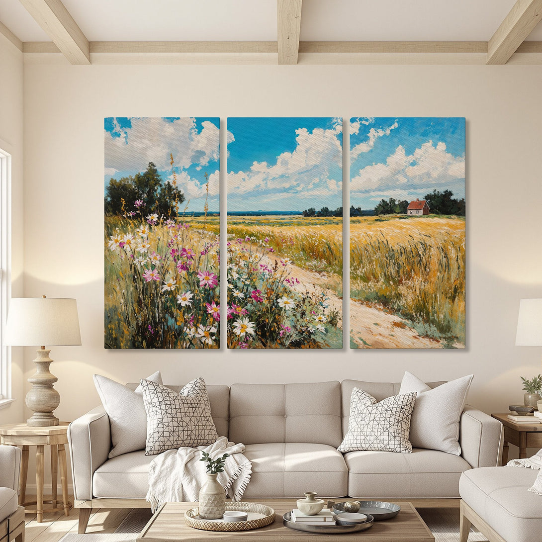 Canvas Print of a serene landscape painting with wildflowers, sky, and a house. Features a warm, inviting color palette. Perfect wall art!