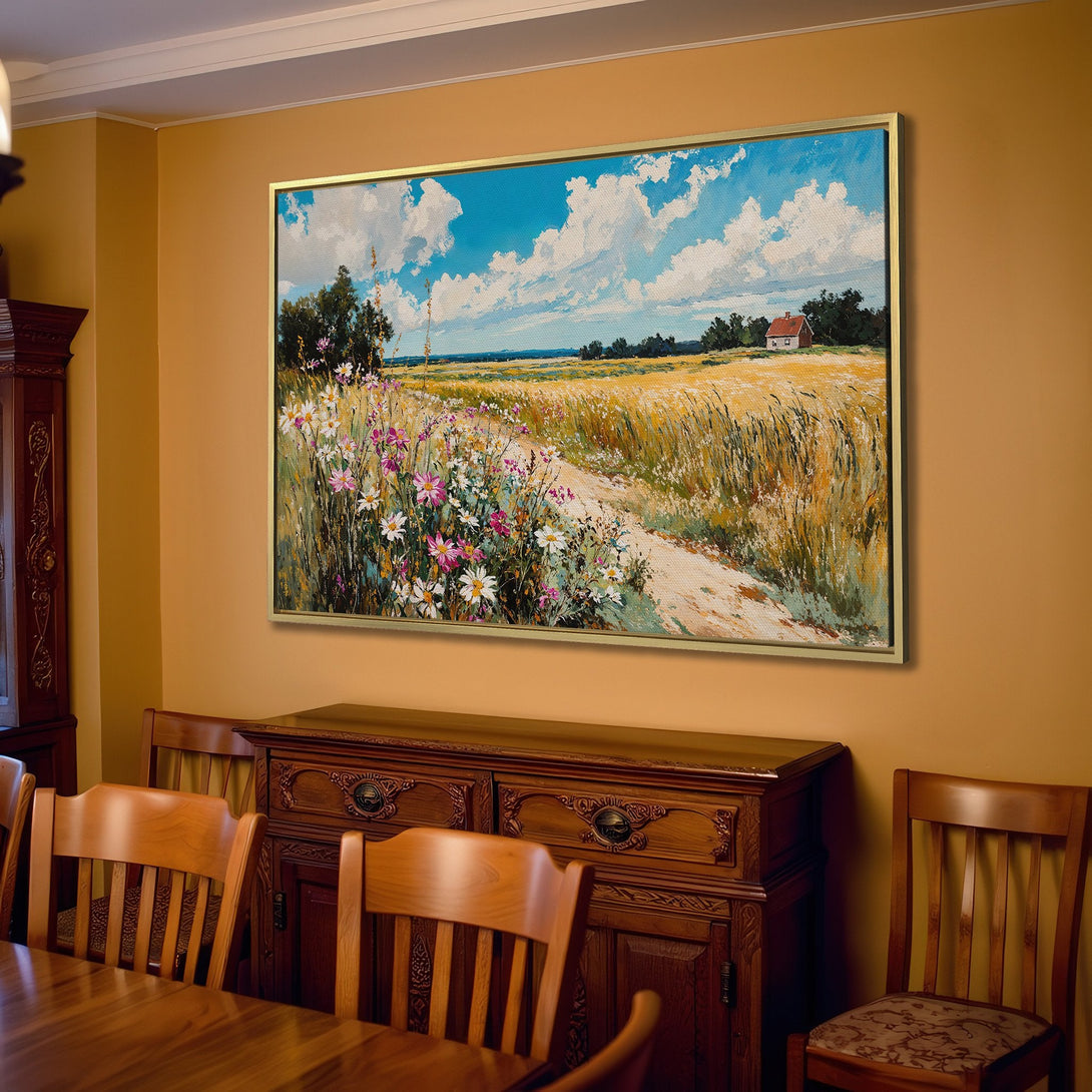 Canvas Print of a serene landscape painting in a warm, inviting living room. Features a blue, yellow, and green color palette.