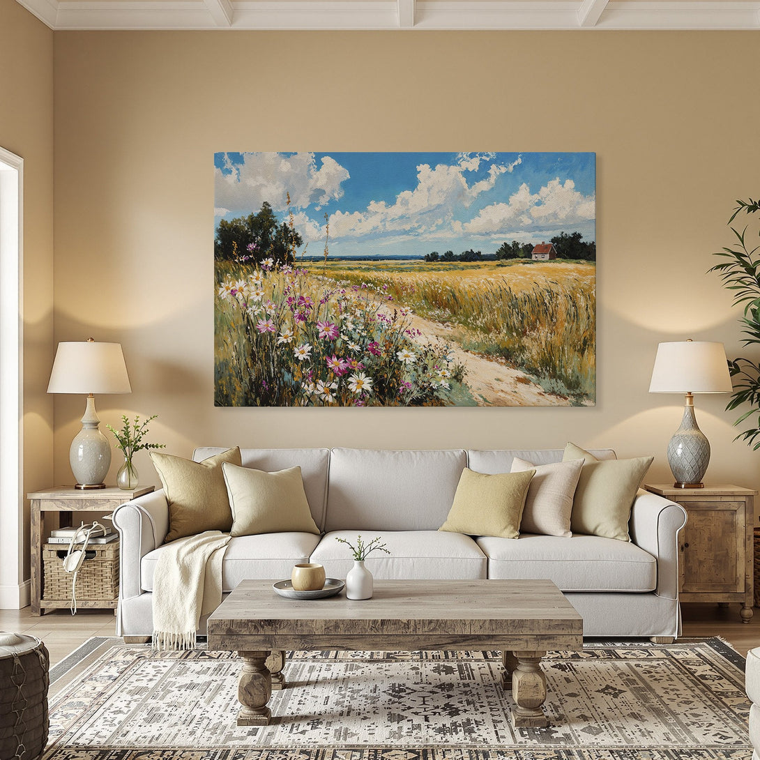 Framed Wall Art: Landscape painting with a field, blue sky, and a house. Warm color palette. Perfect for adding a touch of nature to your home.