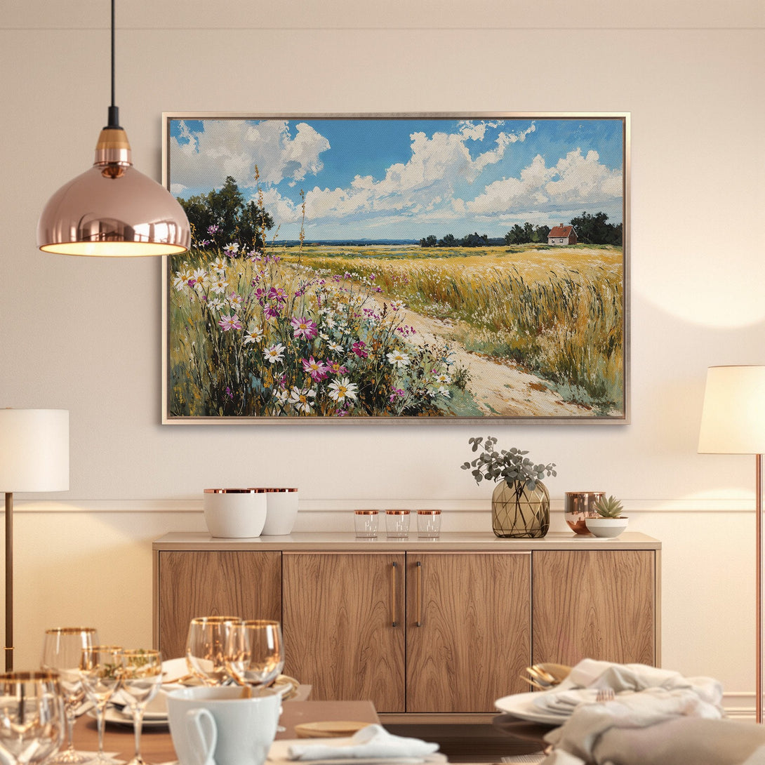 Framed Wall Art: Impressionist landscape Canvas Print with vibrant blues, yellows, and greens. Perfect for living rooms and dining areas. Shop now!