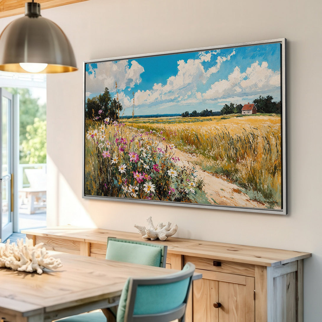 Framed Wall Art: Impressionist landscape Canvas Print with vibrant blue sky, golden fields, and colorful wildflowers. Perfect for adding a touch of nature to your home.