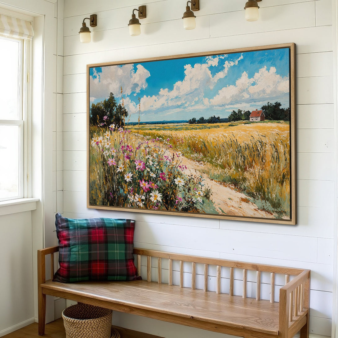 Framed Wall Art: Landscape painting of a field and sky in a warm, inviting color palette. Perfect for adding a touch of nature to your home decor.