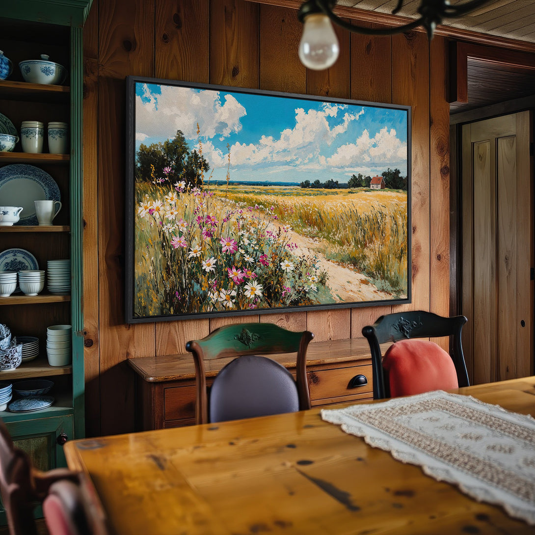 Framed Wall Art: Impressionist landscape Canvas Print with blue sky, wildflowers, and golden fields. Warm, inviting color palette perfect for home decor.