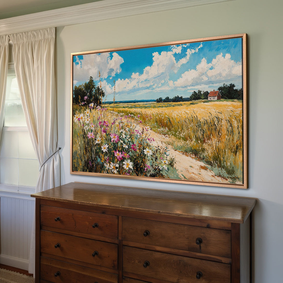 Framed Wall Art: Landscape Canvas Print with a vibrant field scene, featuring blue sky, golden wheat, and colorful flowers. Perfect for adding a touch of nature to your home!