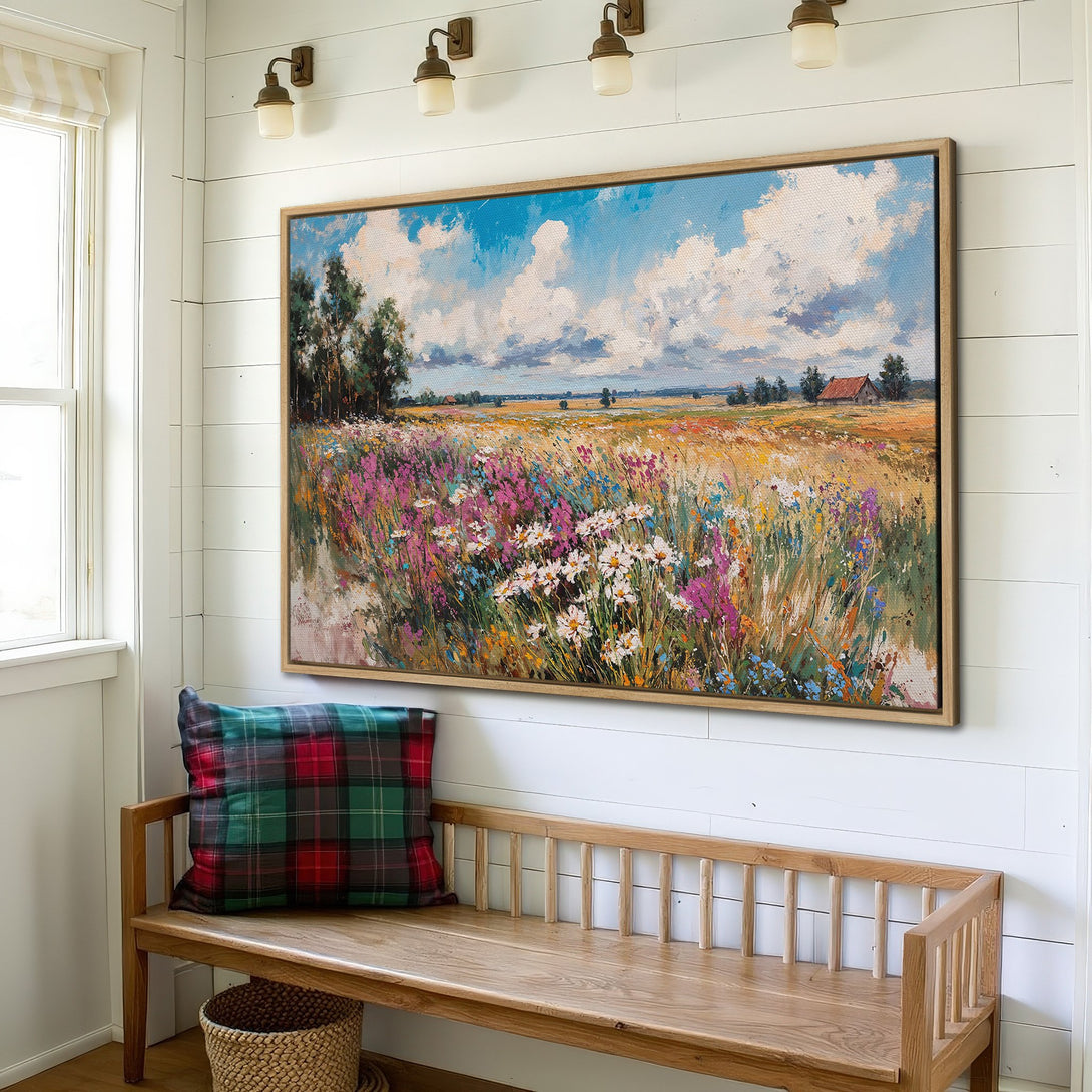 Framed Wall Art: Impressionistic landscape Canvas Print with vibrant wildflowers, blue sky, and rustic charm. Perfect for adding color and style to your home.