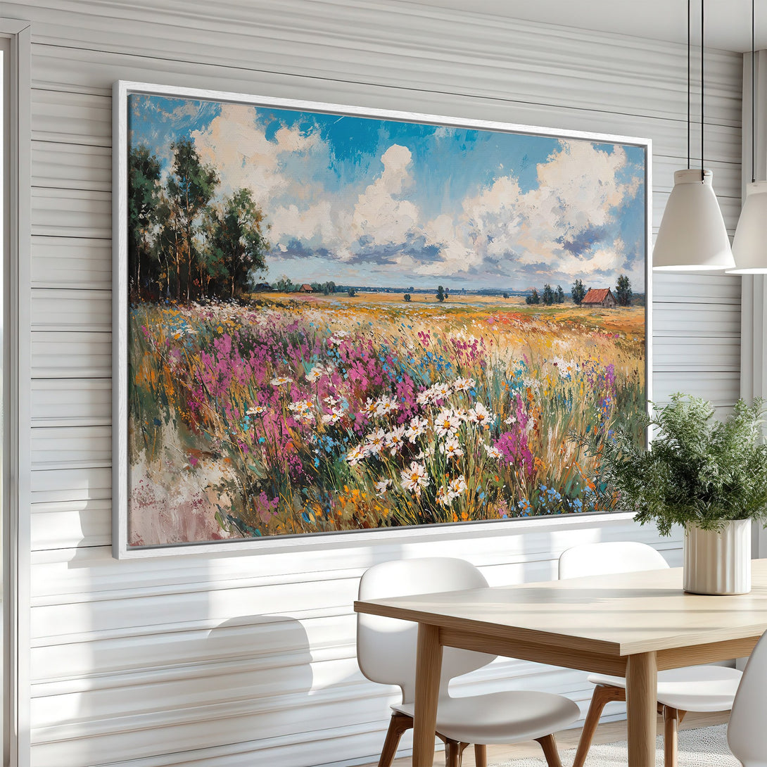 Framed Wall Art: Vibrant meadow landscape canvas print with impressionistic style, featuring wildflowers in a warm, colorful palette. Perfect for adding art to your home!