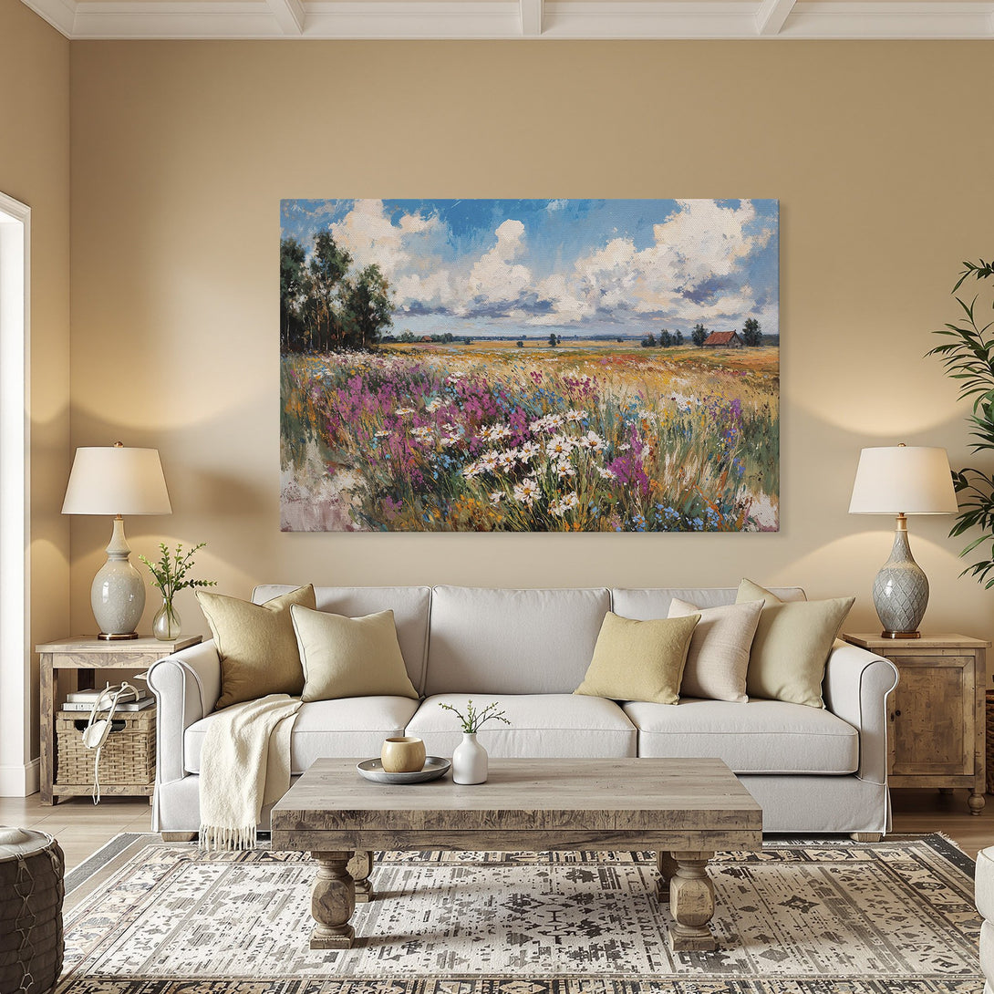 Framed Wall Art: Impressionist landscape Canvas Print with vibrant wildflowers, blue sky, and warm color palette. Perfect for adding art to your home!