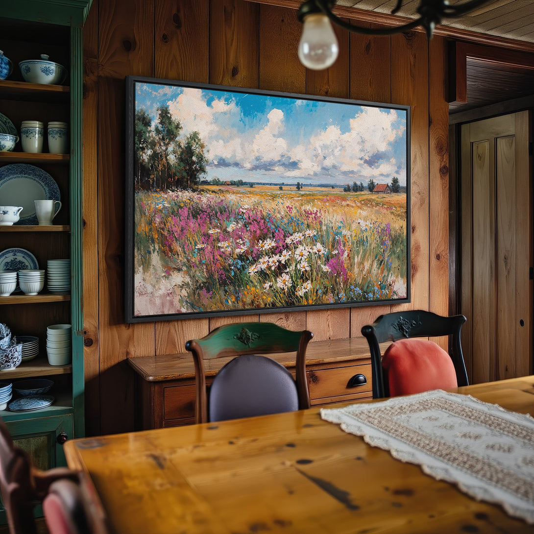 Framed Wall Art featuring a colorful landscape painting. Rustic style with a vibrant palette of blues, greens, and wildflowers. Perfect for home decor!