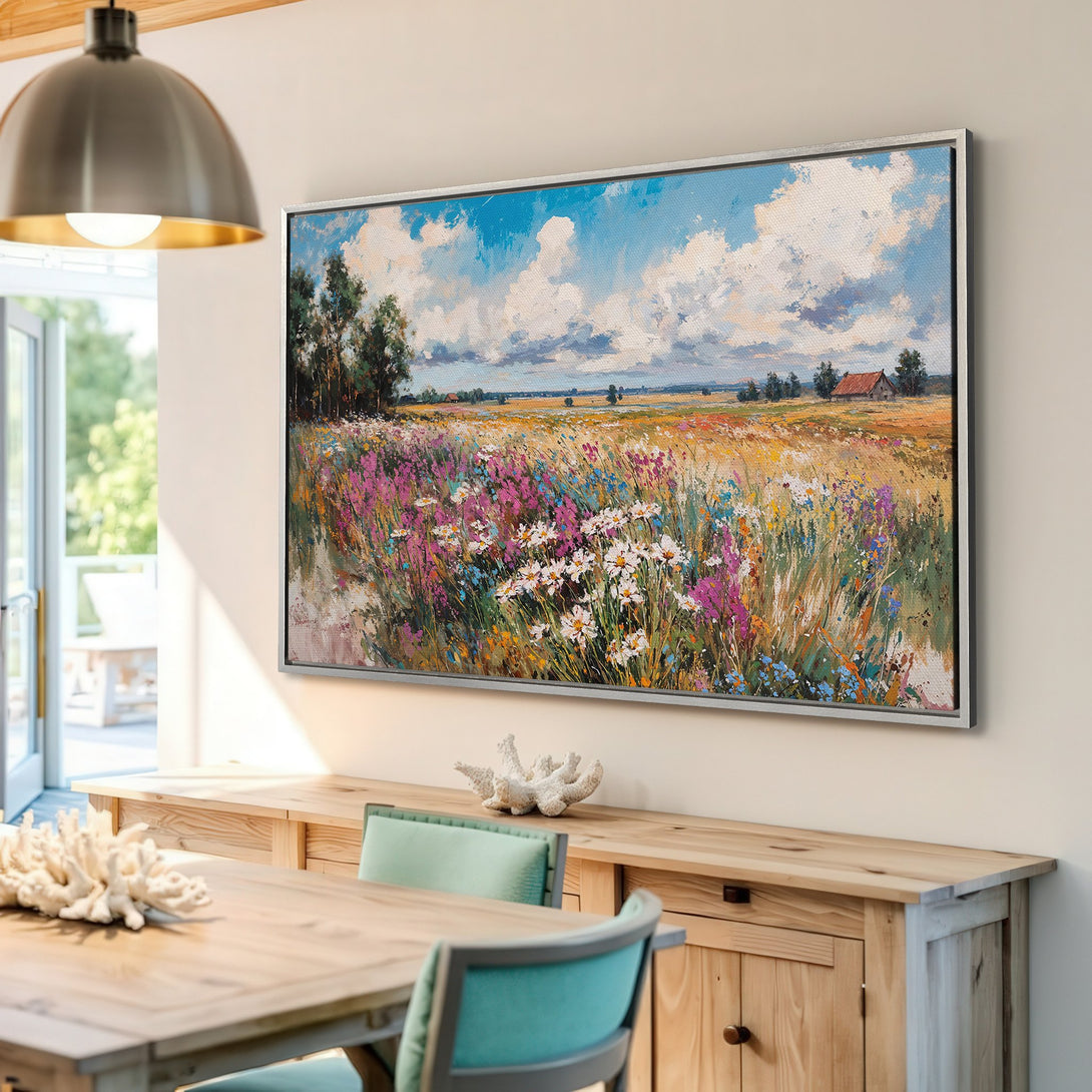 Framed Wall Art of a vibrant wildflower field painting. Impressionistic style with a warm, inviting color palette. Perfect for adding art to your home!
