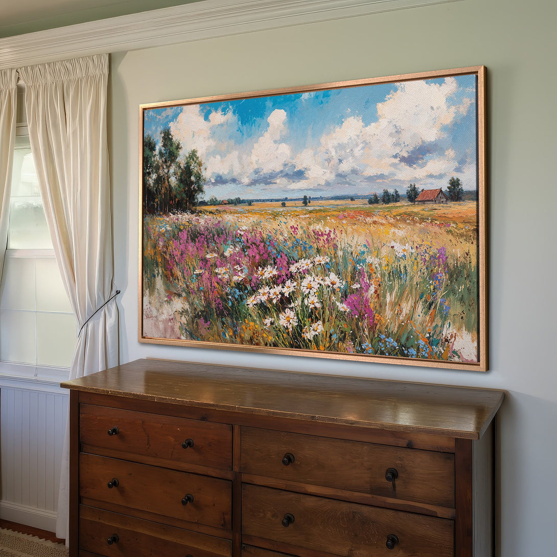Framed Wall Art: Impressionist landscape Canvas Print with vibrant wildflowers, blue sky, and warm color palette. Perfect for adding beauty to your home.