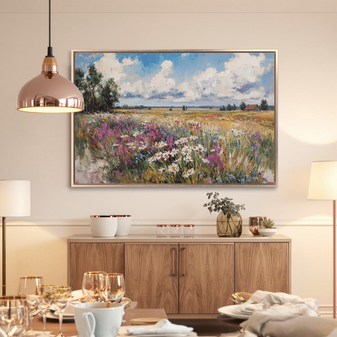 Framed Wall Art: Impressionist landscape Canvas Print with vibrant wildflowers, blue sky, and warm color palette. Perfect for dining room decor.