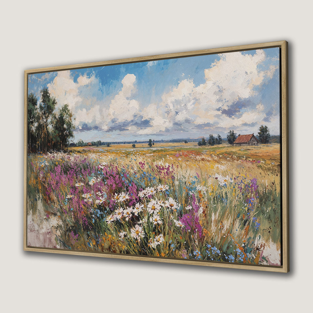 Framed Wall Art of a vibrant wildflower field painting. Impressionist style with a colorful palette of blues, pinks, and yellows. Perfect wall decor!