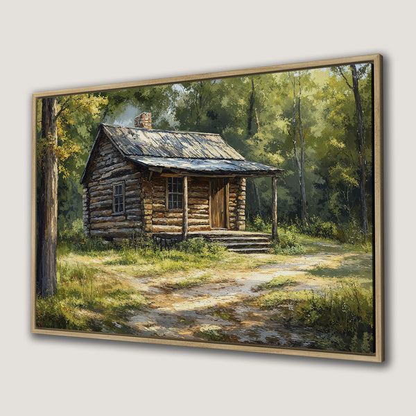 Framed Wall Art featuring a rustic cabin in a forest scene. Warm, earthy tones and a painterly style create a cozy aesthetic. Bring nature indoors!