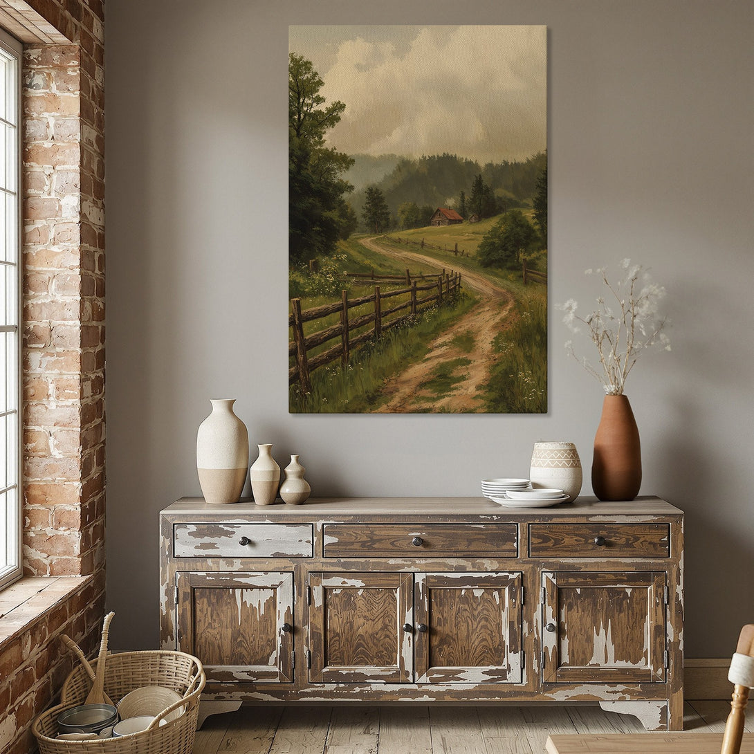Framed Wall Art: Landscape painting of a country road with a warm, neutral color palette. Perfect for adding a touch of rustic charm to your space.