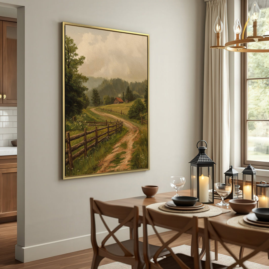 Canvas Print of a scenic country road painting in a warm, neutral color palette. Perfect for rustic home decor.