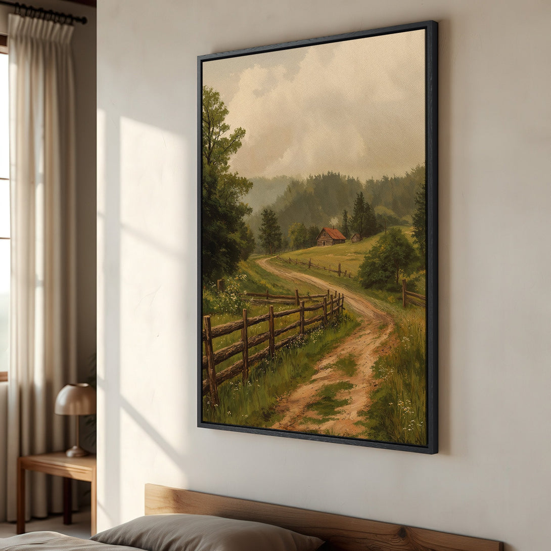 Framed Wall Art: Rustic landscape Canvas Print with a country road scene in warm, earthy tones. Perfect for adding a touch of nature to your home decor.