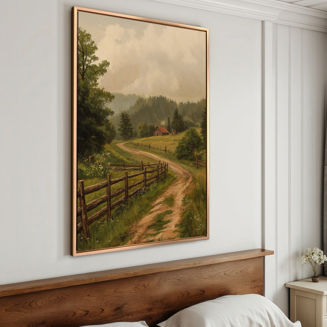 Framed Wall Art: Serene landscape Canvas Print featuring a winding road, rustic fence, and a warm, earthy color palette. Perfect for adding a touch of nature.