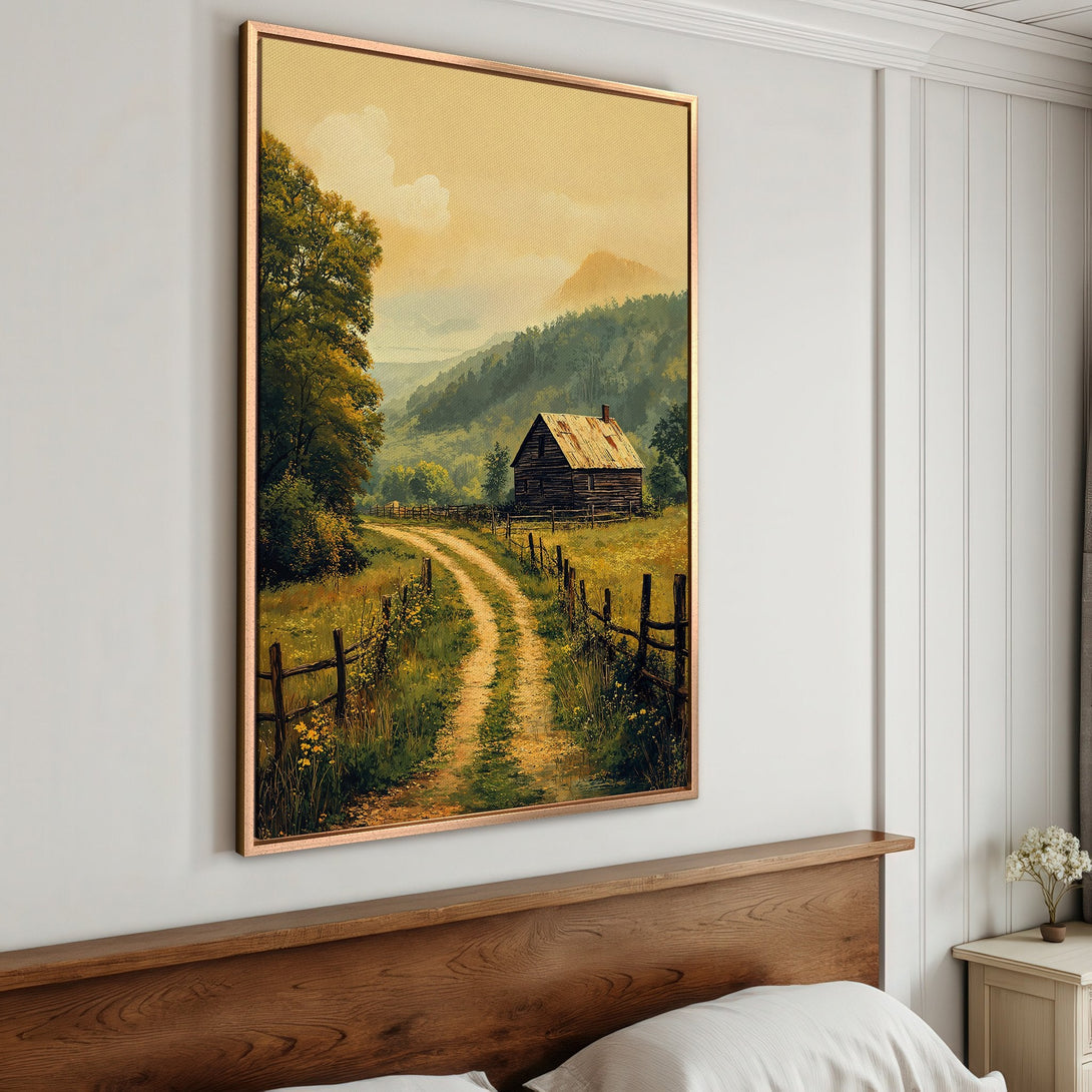 Framed Wall Art: Rustic landscape Canvas Print with warm, earthy tones. Features a cabin, path, and lush greenery, perfect for a cozy interior.