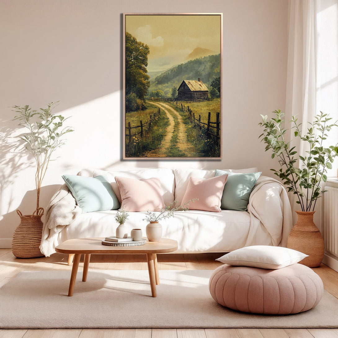 Framed Wall Art: Rustic landscape canvas print with warm, earthy tones. Perfect for adding a touch of nature and cozy style to your home decor.