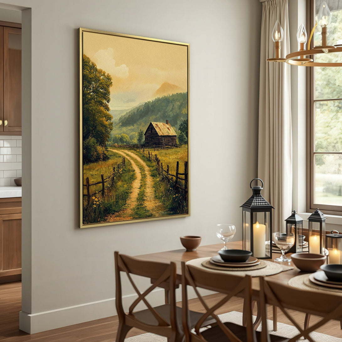 Canvas Print of a rustic landscape with a dirt road and cabin. Warm, earthy tones create a cozy, inviting atmosphere. Perfect for farmhouse decor.