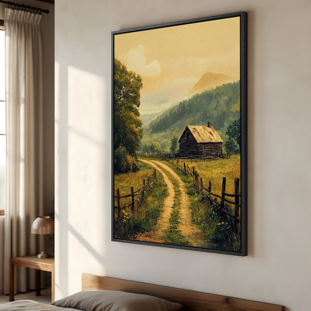 Framed Wall Art of a rustic cabin scene. Warm, inviting color palette with greens, yellows, and browns. Perfect for adding a cozy touch to any room.