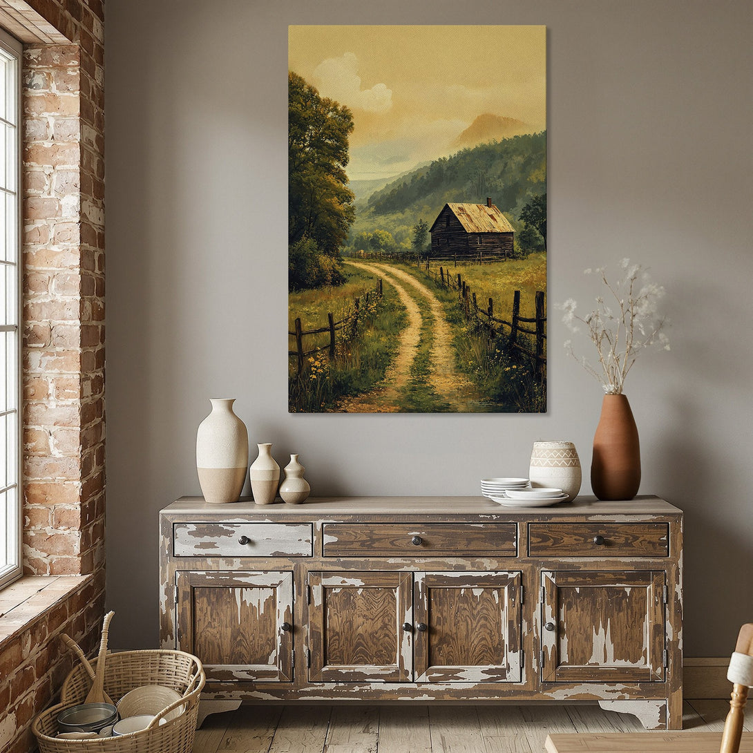 Framed Wall Art: Rustic landscape Canvas Print with a country road scene in warm, earthy tones. Perfect for adding a cozy, inviting atmosphere.