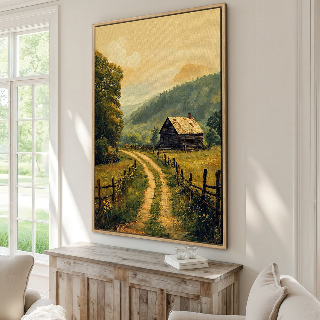 Framed Wall Art: Rustic landscape Canvas Print with a warm, inviting color palette. Featuring a country road, cabin, and rolling hills. Perfect for farmhouse decor.