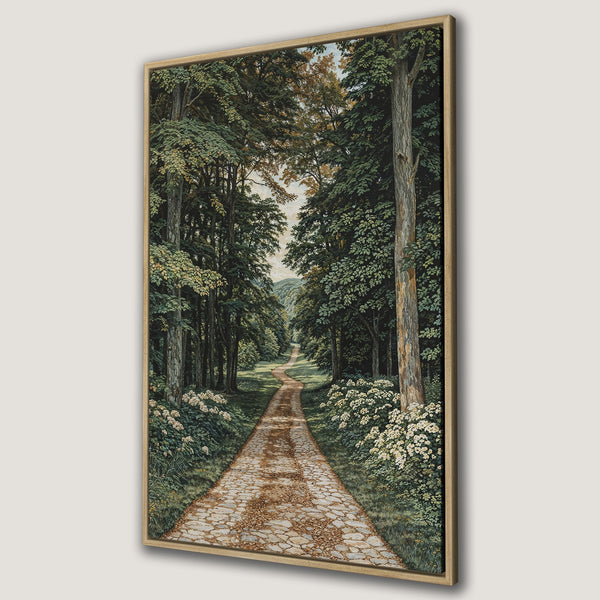 Framed Wall Art of a serene forest path. Earthy tones of green, brown, and beige create a calming landscape. Perfect for adding nature's beauty to your space.