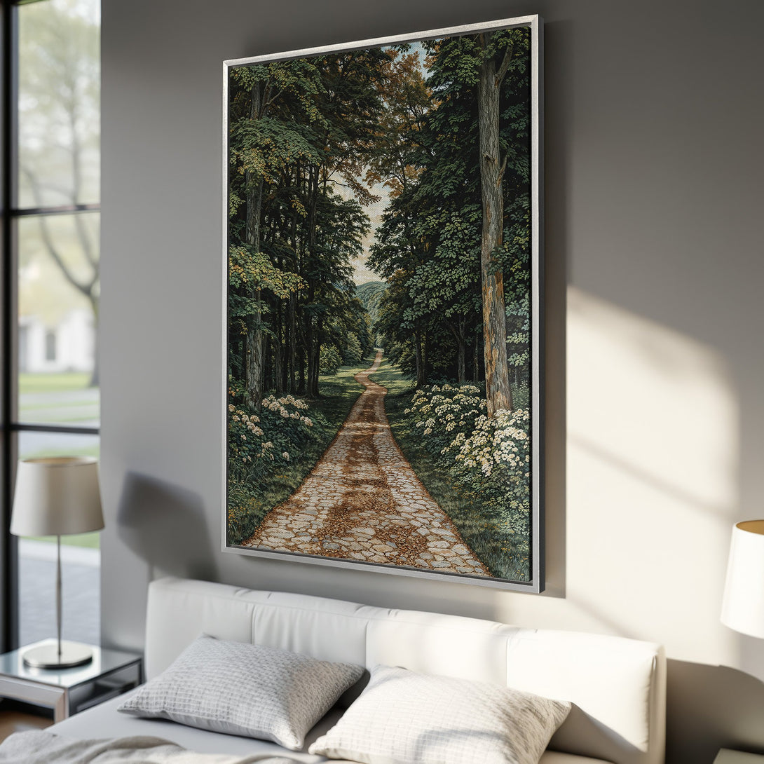 Framed Wall Art: Serene forest path canvas print in green and brown tones. Perfect for adding nature-inspired art to your bedroom decor.