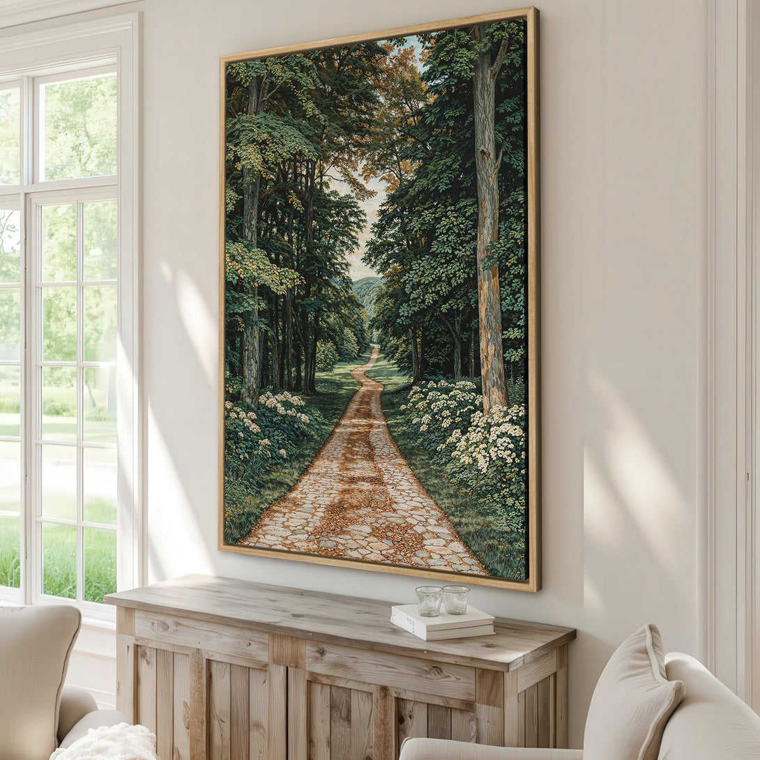 Framed Wall Art: Serene forest path canvas print, featuring lush greens and earthy tones. Bring nature's tranquility indoors with this stunning artwork. Perfect for any space!
