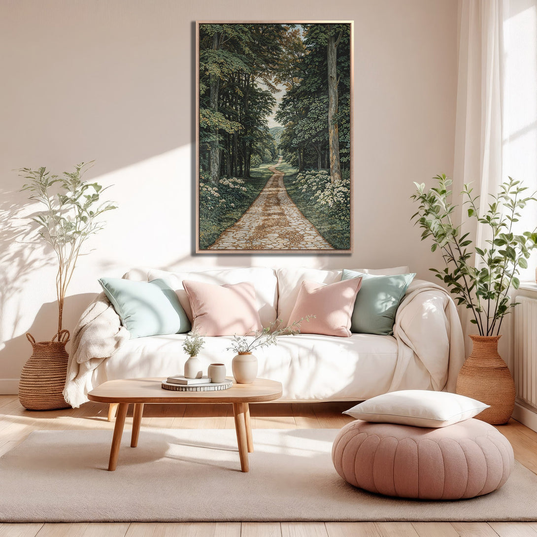 Framed Wall Art: Forest path canvas print in a serene interior. Green, beige, and pink color palette. Perfect for adding a touch of nature's beauty.