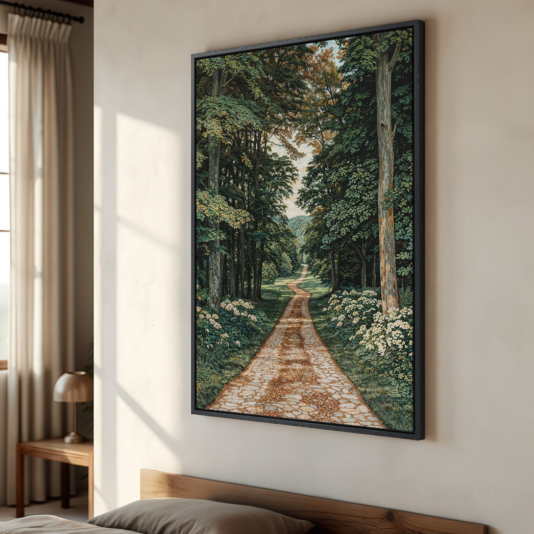 Framed Wall Art: Serene forest path canvas print in green and brown tones. Perfect for adding a touch of nature and tranquility to your home decor.