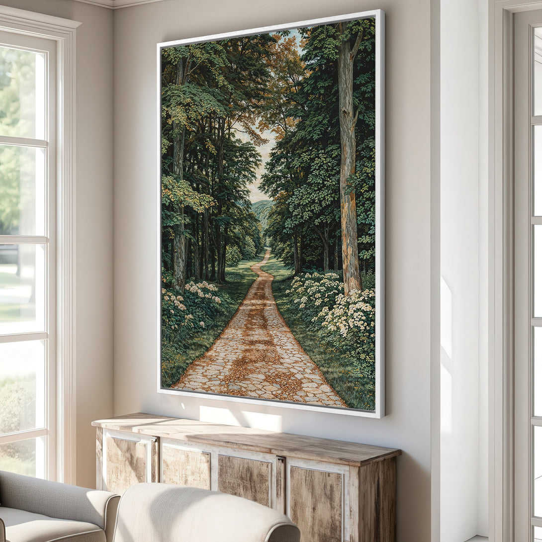 Framed Wall Art: Forest path canvas print in green and brown tones. Perfect for adding a touch of nature to your home decor. Shop now!