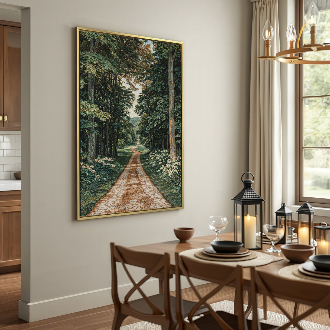 Canvas Print featuring a serene forest path scene. Earthy tones and natural greens create a calming aesthetic for your home decor.