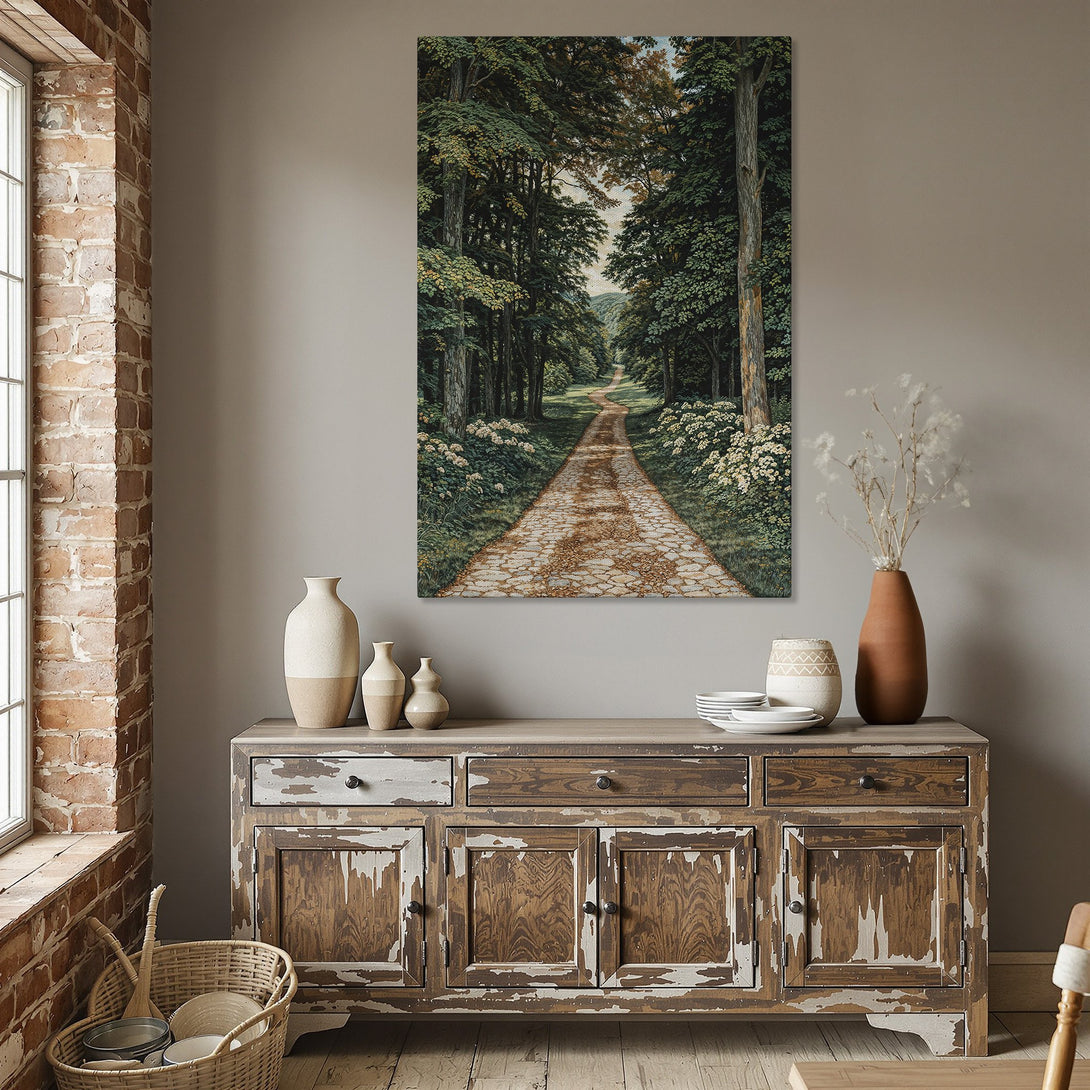 Framed Wall Art: Serene forest path canvas print. Earthy tones and lush greens create a calming aesthetic, perfect for dining room decor. Bring nature indoors!