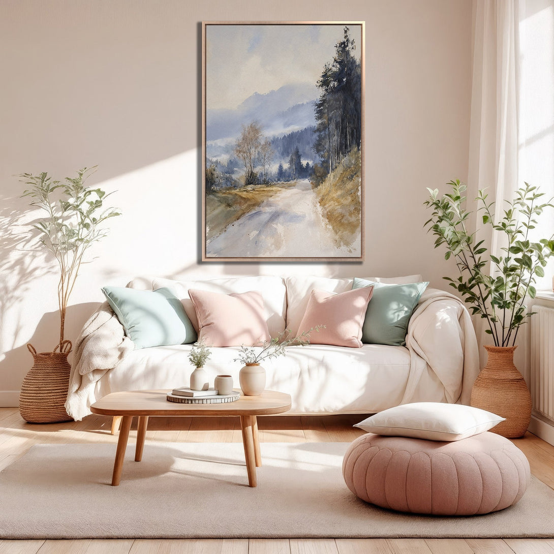 Framed Wall Art: Watercolor landscape Canvas Print with neutral tones, perfect for adding serene style to your living room decor.