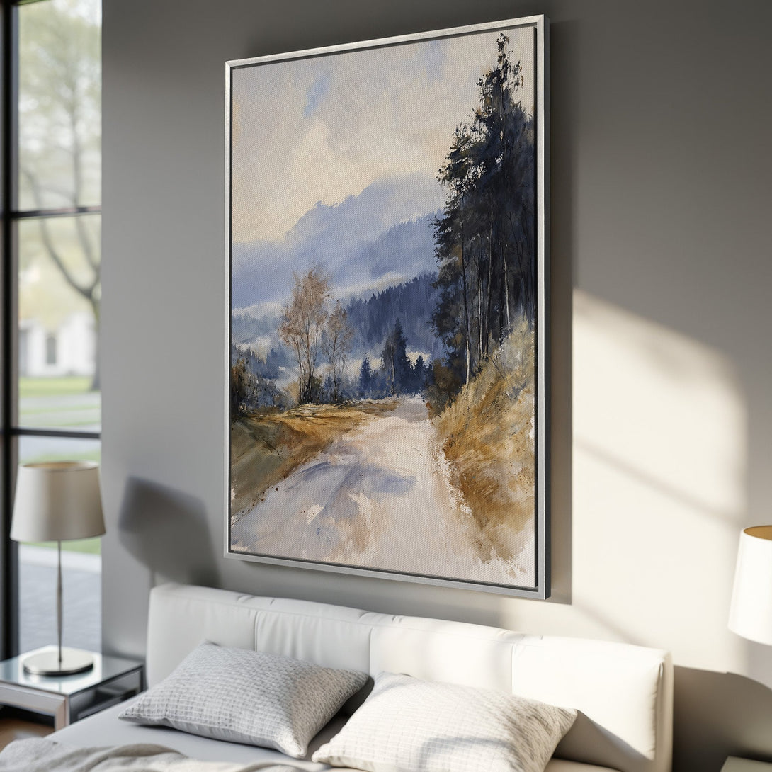 Framed Wall Art: Watercolor landscape Canvas Print, featuring a road through a forest with a cool blue and brown palette, perfect for bedroom decor.