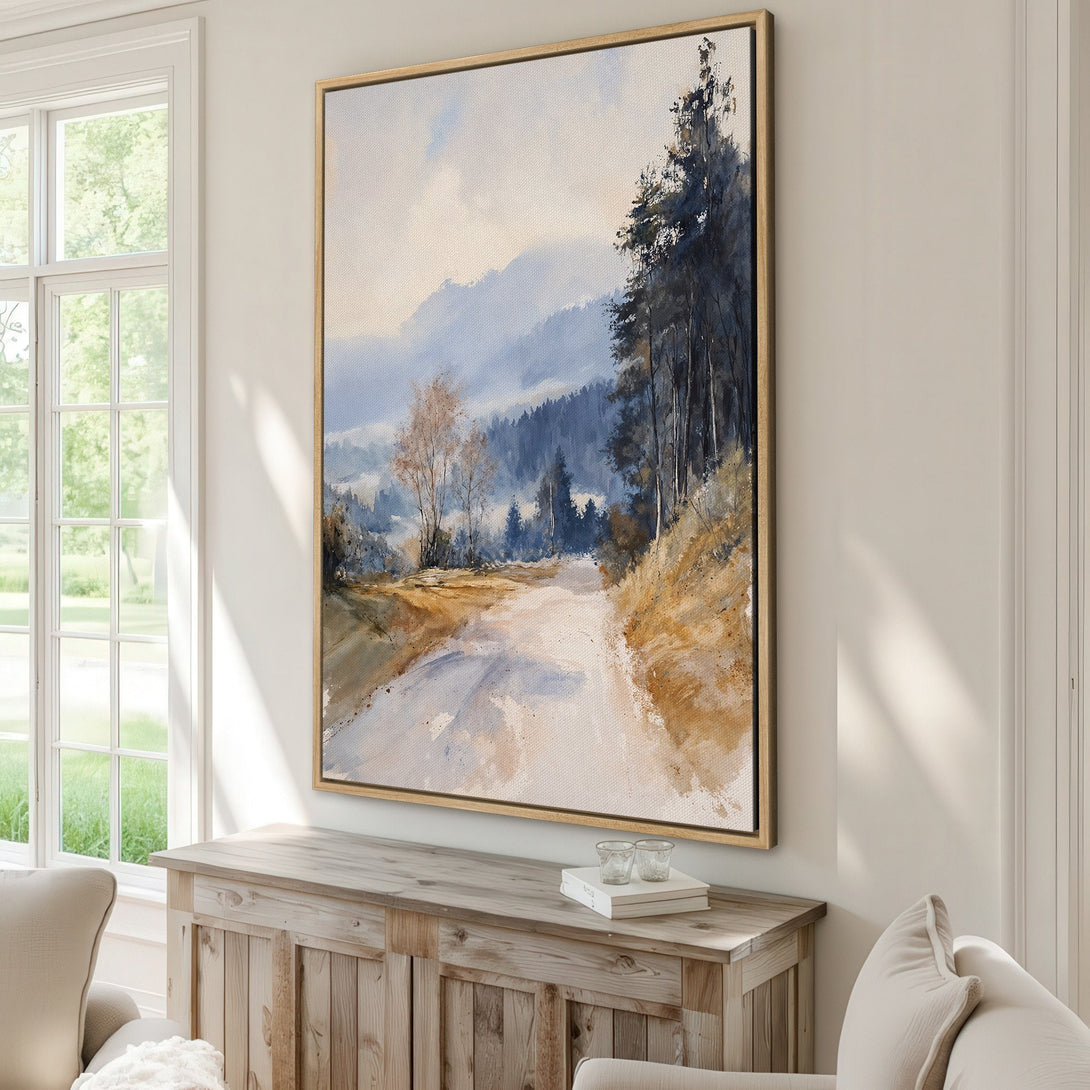 Framed Wall Art featuring a serene landscape painting in a watercolor style with a blue and brown color palette. Perfect for adding a touch of nature to your home.