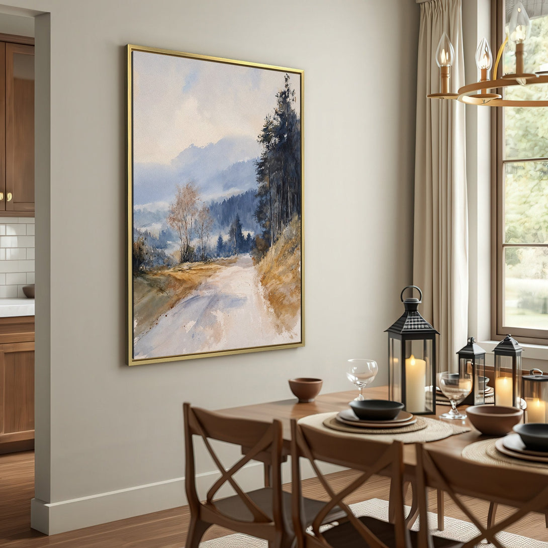 Canvas Print of a watercolor landscape with a road, trees, and mountains. Earthy tones of blue, brown, and beige. Perfect for rustic decor.