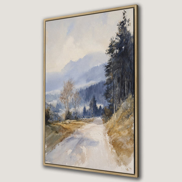 Framed Wall Art: Watercolor landscape Canvas Print with a serene forest scene in muted blues, browns, and grays. Perfect for adding a touch of nature to your home.