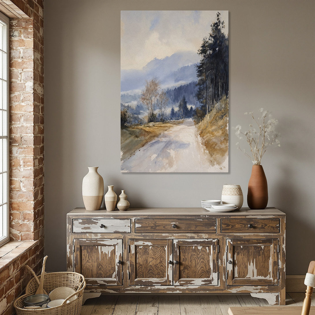 Framed Wall Art: Landscape Canvas Print in a dining room. Featuring a misty mountain road in a blue and gold color palette. Perfect for home decor.