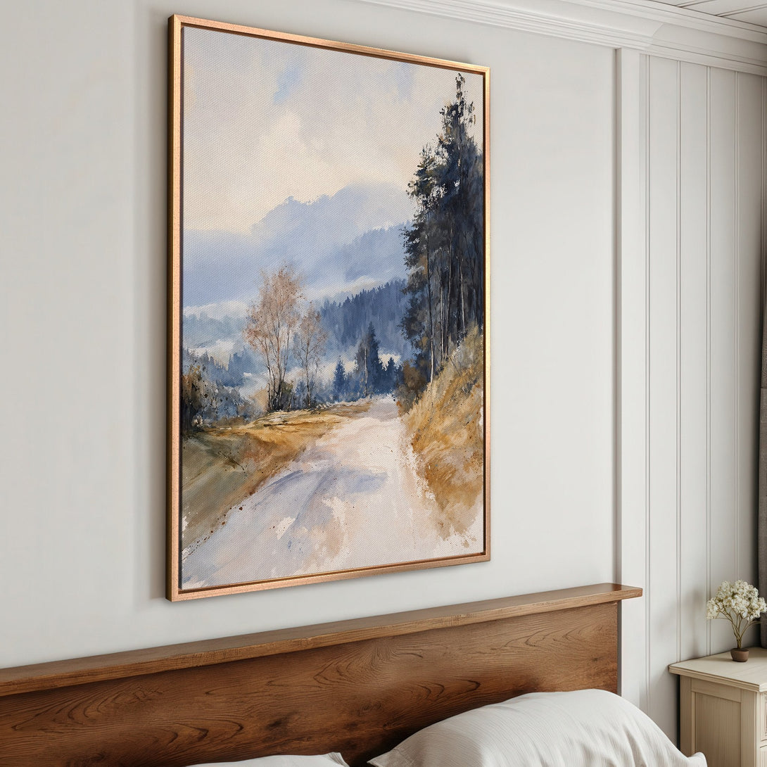 Framed Wall Art: Serene landscape Canvas Print with a watercolor style, featuring a road through a forest in muted blues and browns. Perfect for your home!