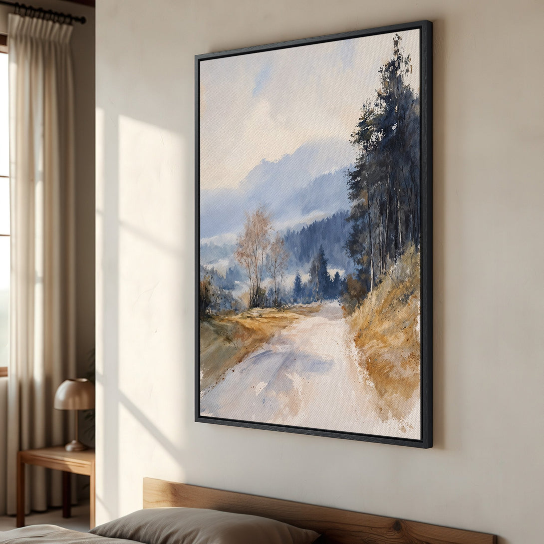 Framed Wall Art: Watercolor landscape Canvas Print in blue & gold tones. Mountain road scene, perfect for adding a touch of nature-inspired art to your home.