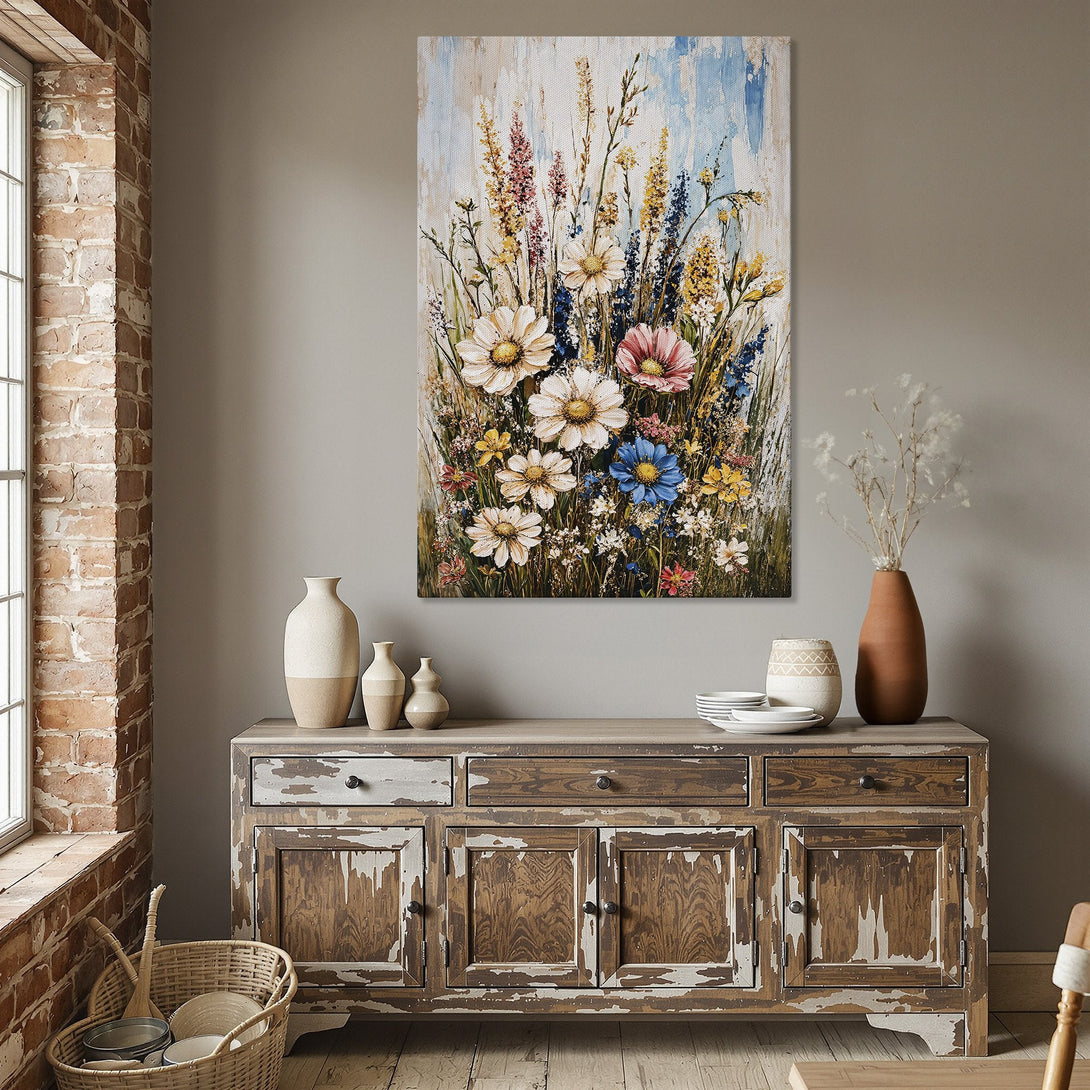 Framed Wall Art: Floral canvas print in a dining room. Features colorful wildflowers in a painterly style with a warm, neutral color palette. Perfect home decor!