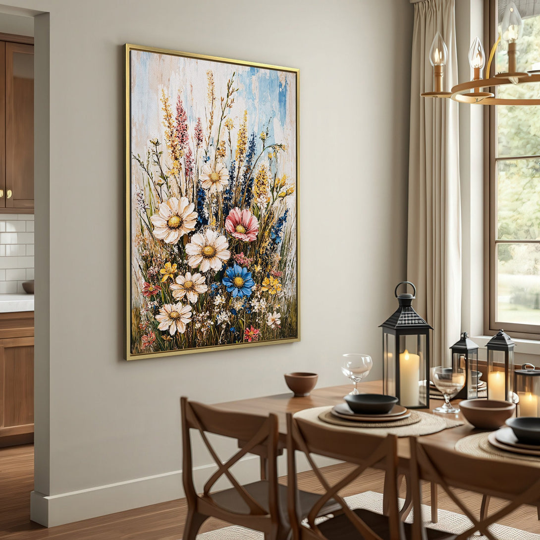 Canvas Print featuring a vibrant floral painting in a rustic interior. Soft, warm color palette with pops of pink, yellow, and blue.
