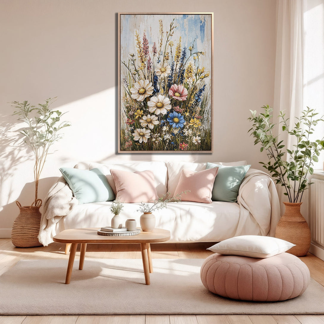 Framed Wall Art of colorful wildflowers in a bright, impressionistic style. Soft, pastel color palette adds a touch of elegance to any room.