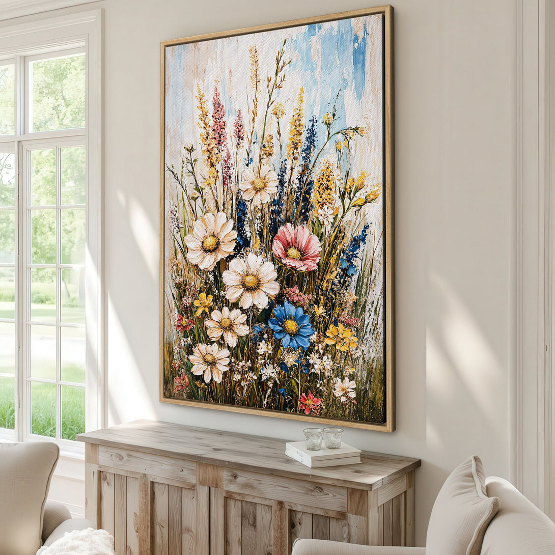 Framed Wall Art featuring a vibrant floral painting with a textured, impressionistic style. The color palette includes soft blues, yellows, and pinks, perfect for home decor.